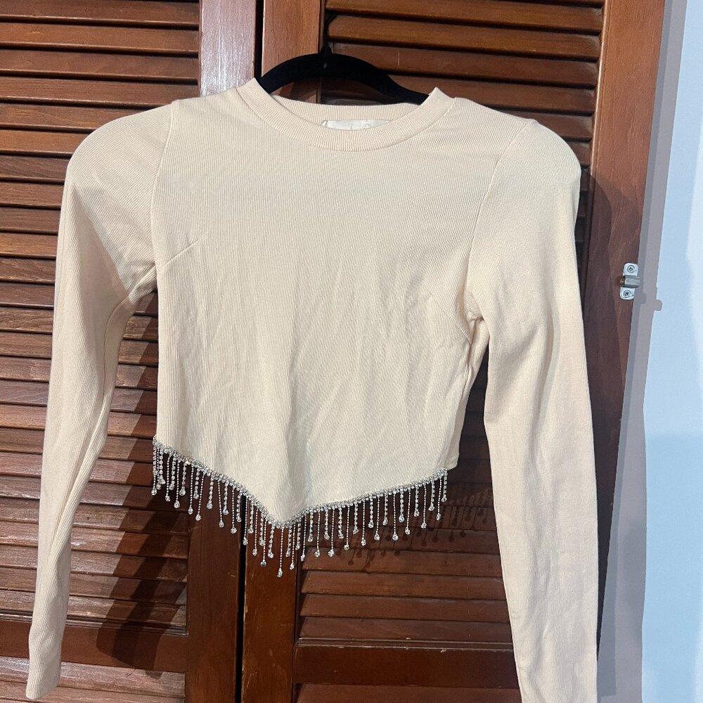 Beige Long Sleeve Cropped Top with Rhinestones